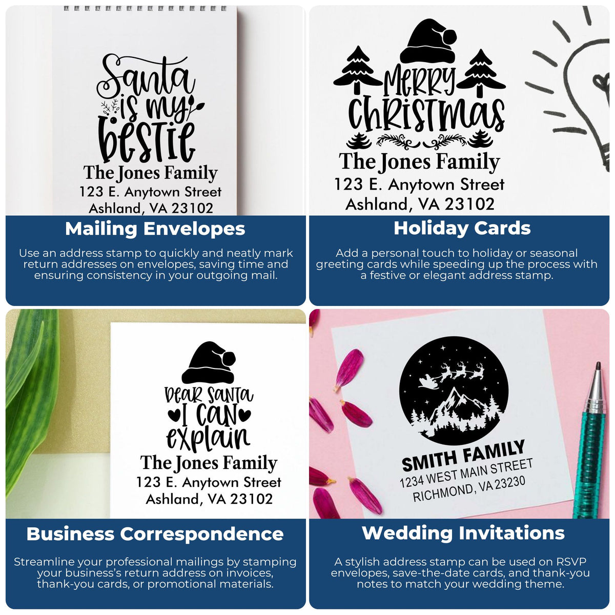 Personalized rubber address stamps for envelopes, holiday cards, business correspondence and wedding invitations.