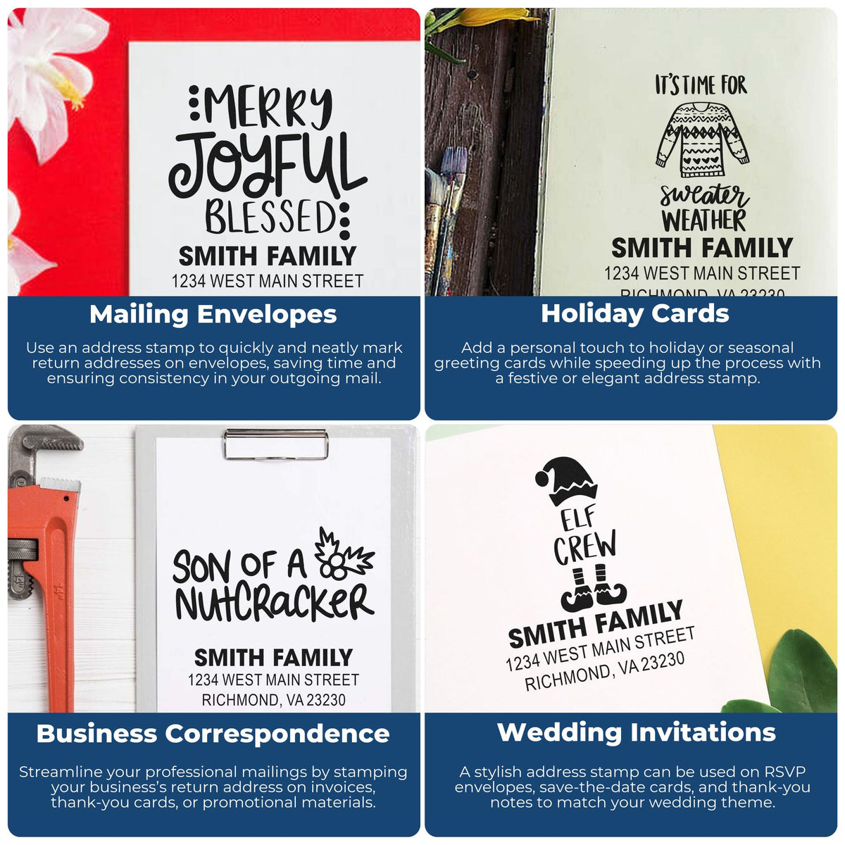 Custom rubber address stamps for envelopes, holiday cards, business mail, and wedding invitations with personalized return address.