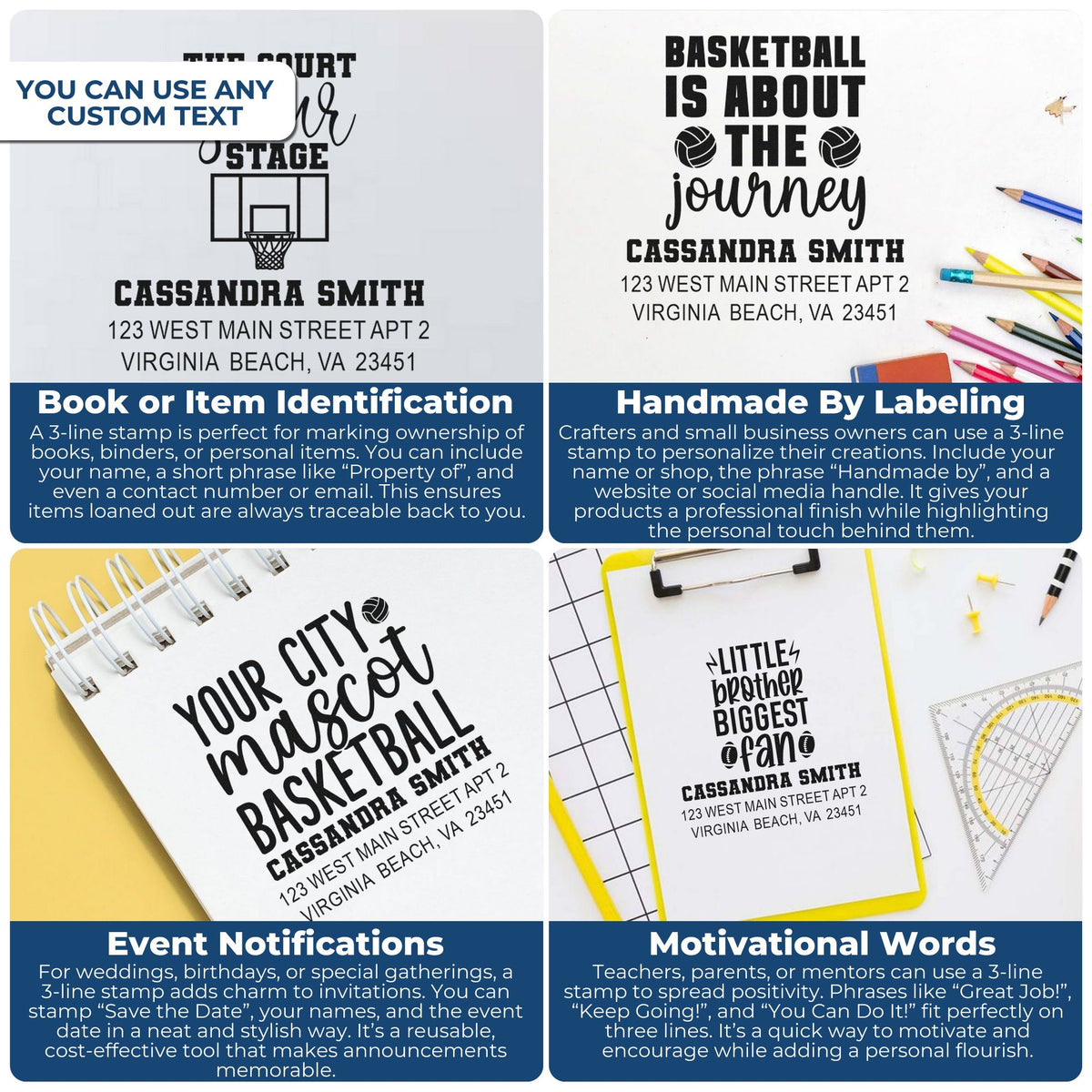 Custom rubber stamps for personalized book labels, handmade by branding, event announcements, and motivational messages.