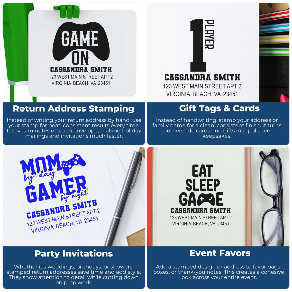 Custom rubber stamps for return addresses, gift tags, invitations, and event favors with personalized name and address designs.