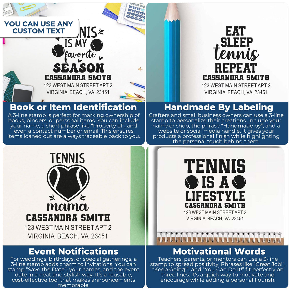 Custom 3-line tennis-themed rubber stamps with personalized name and address text for books, handmade labels, events, and gifts.