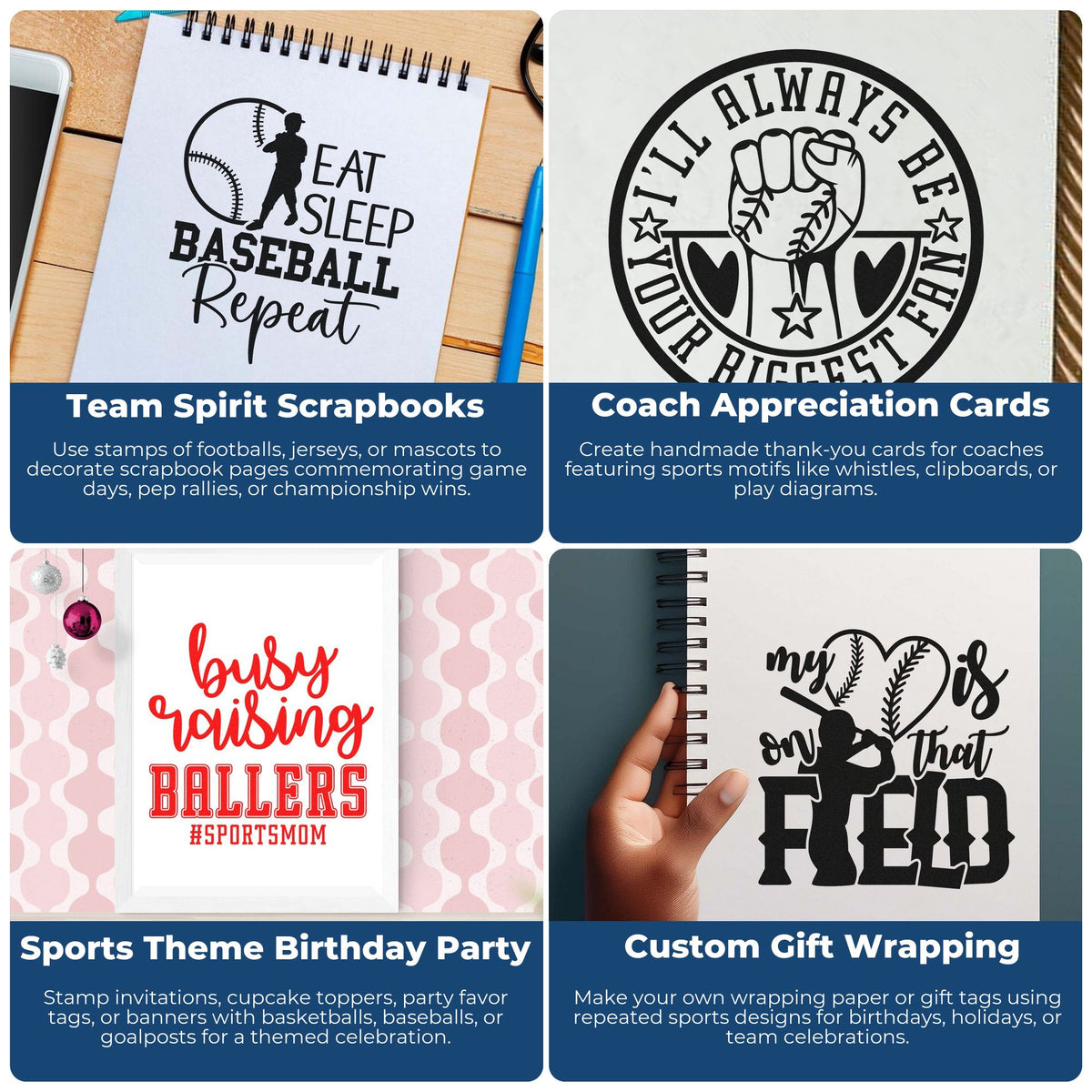 Custom sports rubber stamps for scrapbook pages, coach thank-you cards, birthday parties, and gift wrapping.