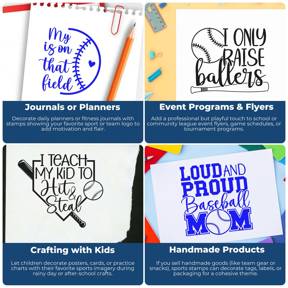 Baseball rubber stamp ideas for journals, event flyers, kids crafts, and handmade product packaging with sporty team designs.