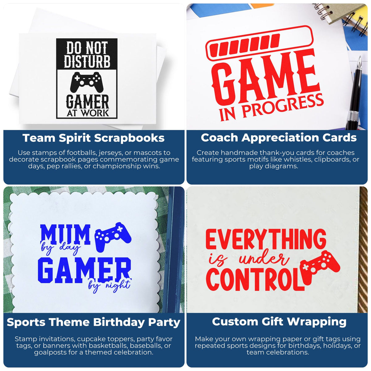Custom rubber stamp design collage for gamer, sports, and coach appreciation projects, scrapbook pages, birthday cards, and gift wrapping.