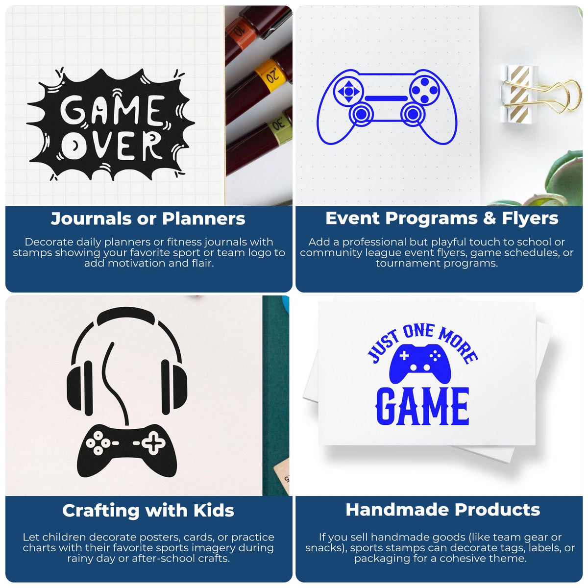 Sports and game rubber stamp ideas for journals, event flyers, kids crafts, and handmade packaging.