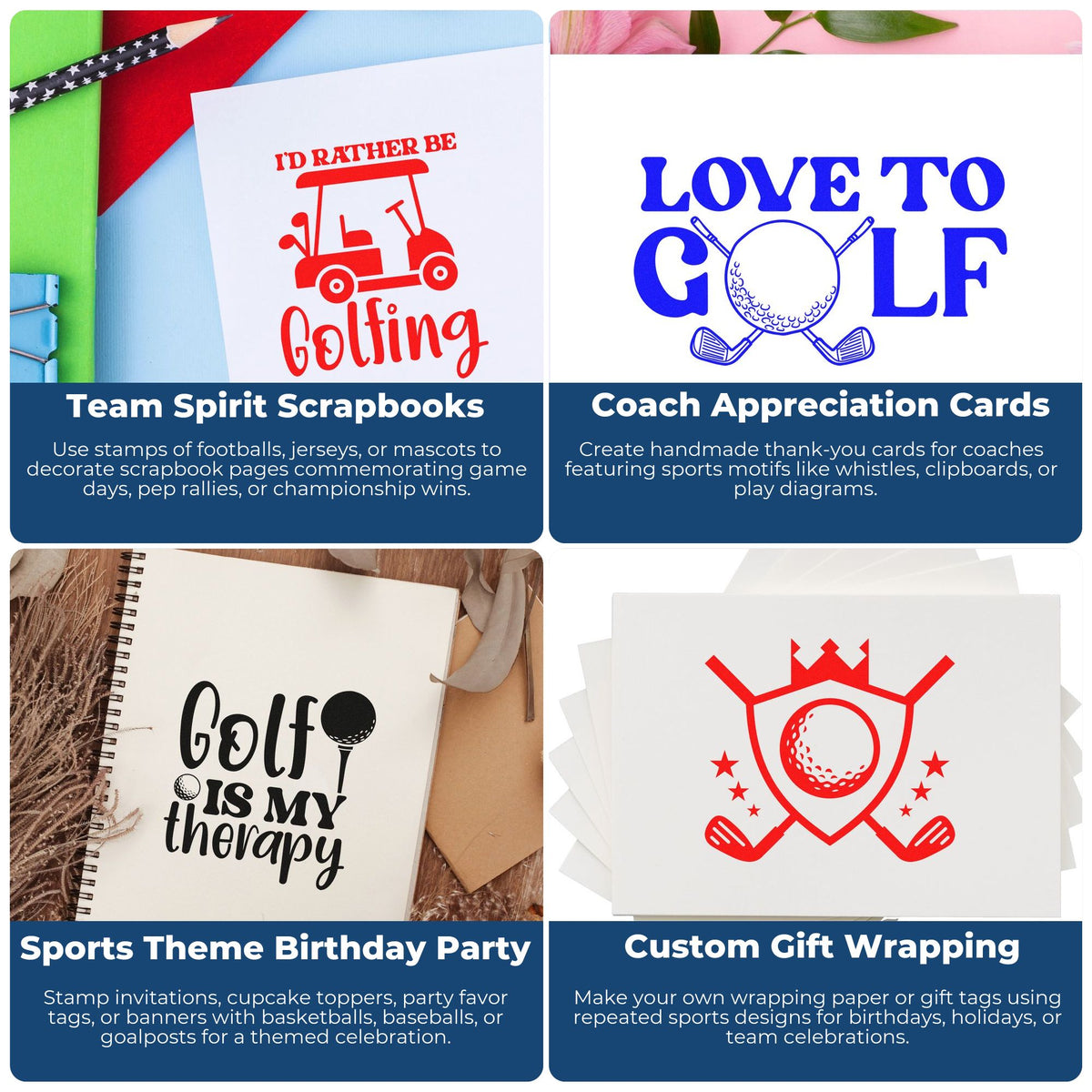Golf rubber stamp ideas for scrapbooks, coach appreciation cards, birthday parties, and custom gift wrap with sporty designs.
