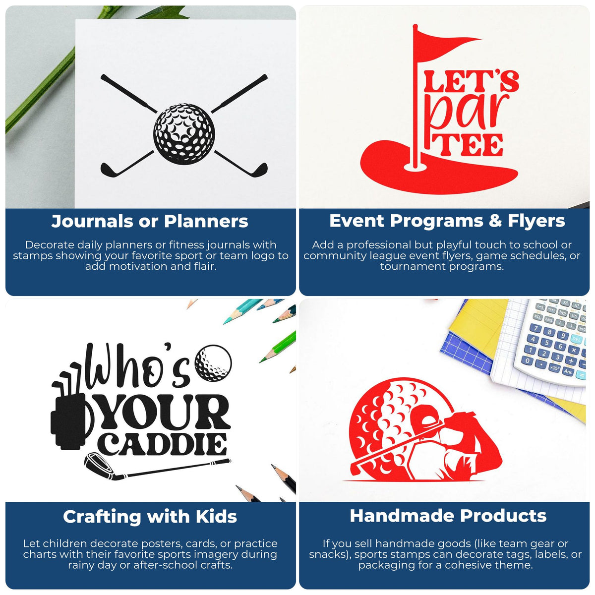 Sports rubber stamp collage showing golf-themed designs used for planners, event programs, kids crafts, and handmade packaging.