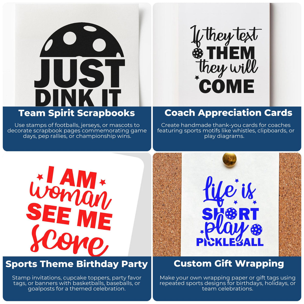 Sports-themed rubber stamp collage showing designs for team spirit scrapbooks, coach thank-you cards, birthdays, and gift wrapping.