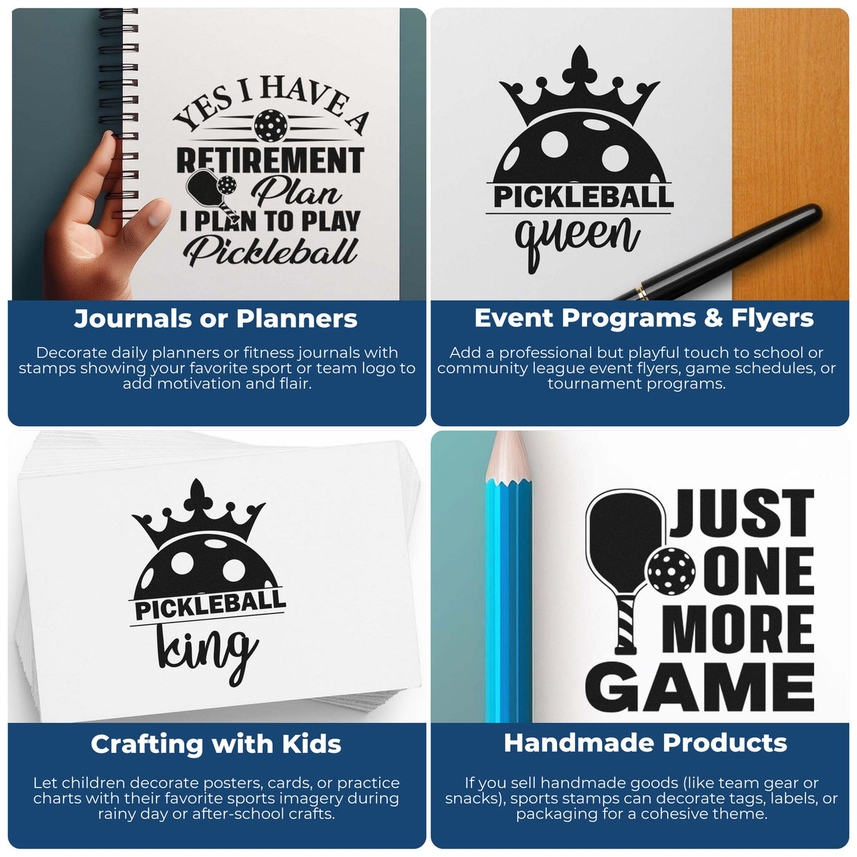 Pickleball rubber stamps for journals, flyers, crafts, and handmade packaging, featuring retirement, queen, king, and game designs.