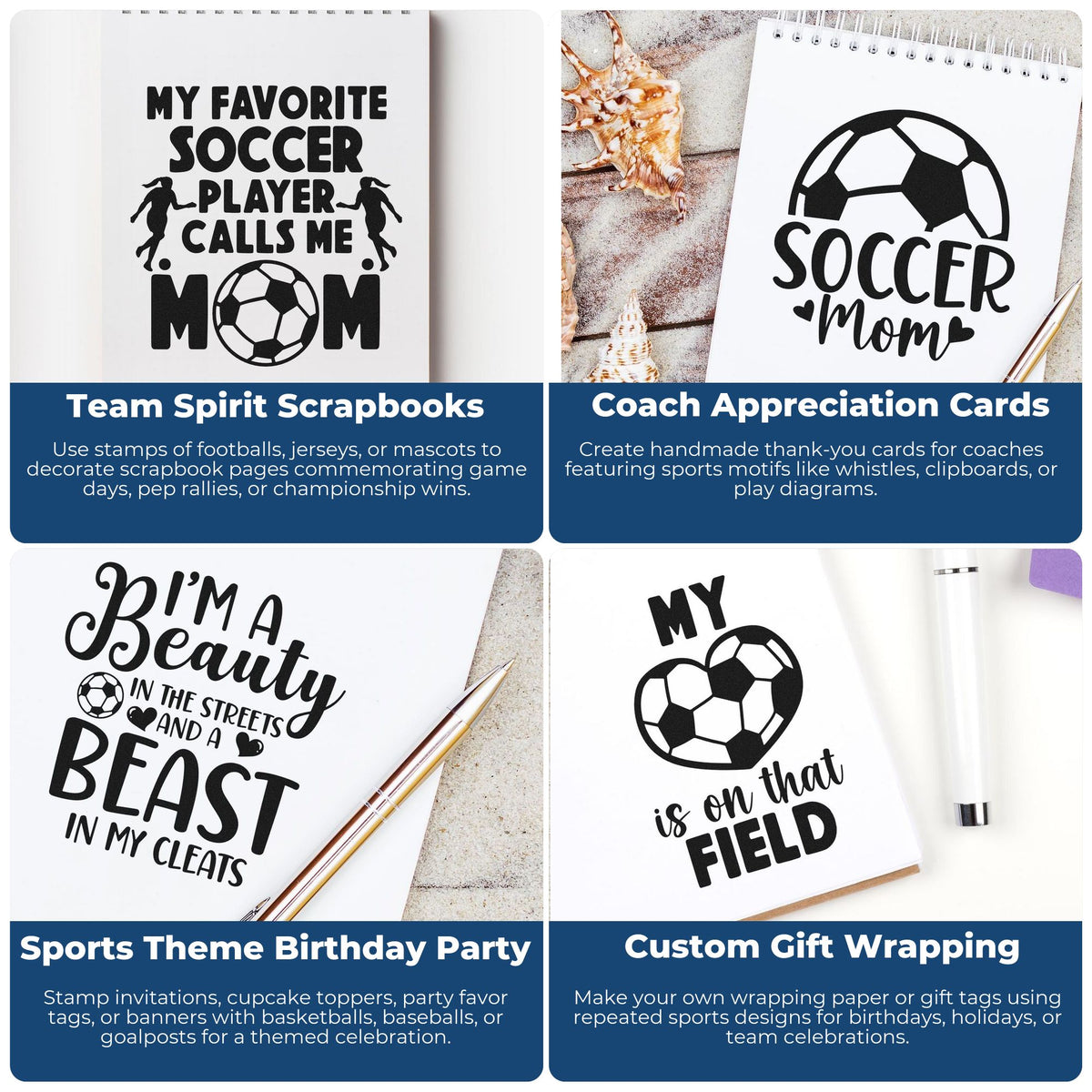 Soccer-themed rubber stamps for scrapbooks, coach thank-you cards, birthday parties, and custom gift wrapping.