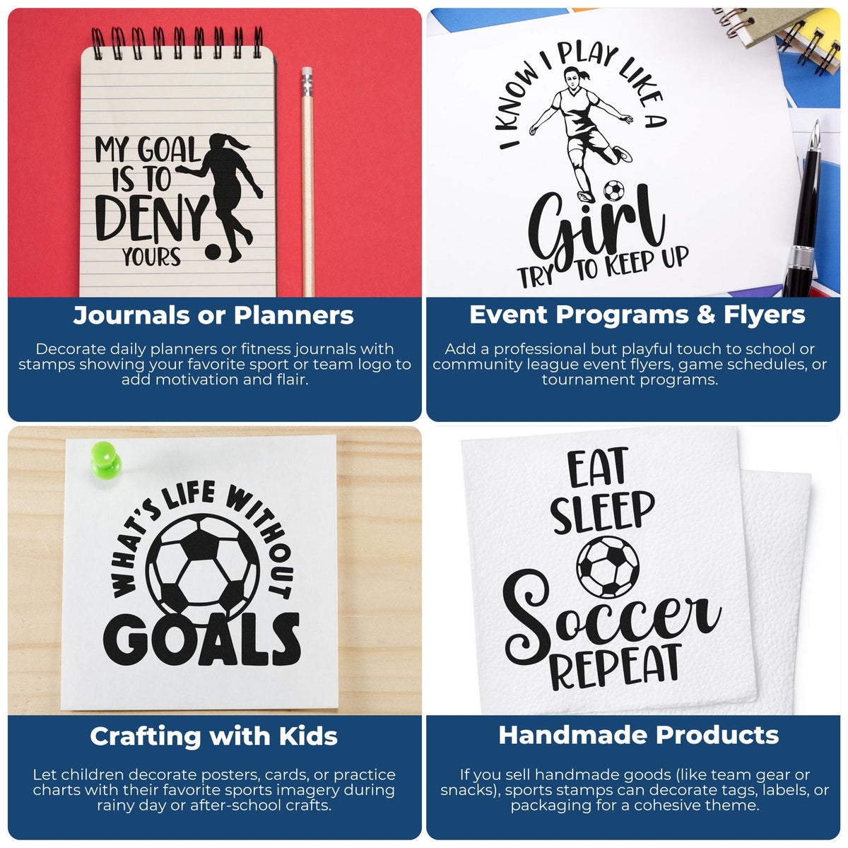 Soccer rubber stamps for journals, event flyers, kids crafts, and handmade packaging with motivational sports designs.