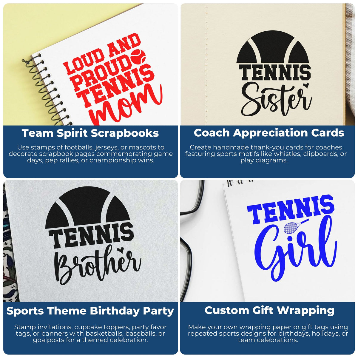 Collage of sports-themed rubber stamps for scrapbooks, coach cards, birthday parties, and custom gift wrapping.