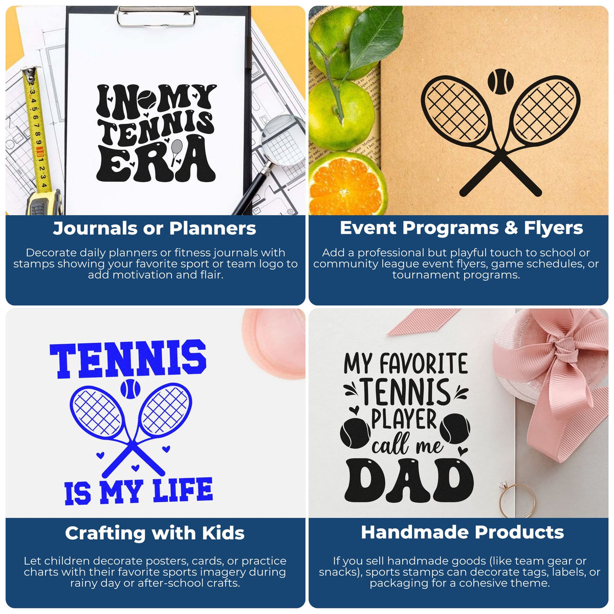 Tennis rubber stamp collage showing designs for planners, event flyers, kids' crafts, and handmade product packaging.