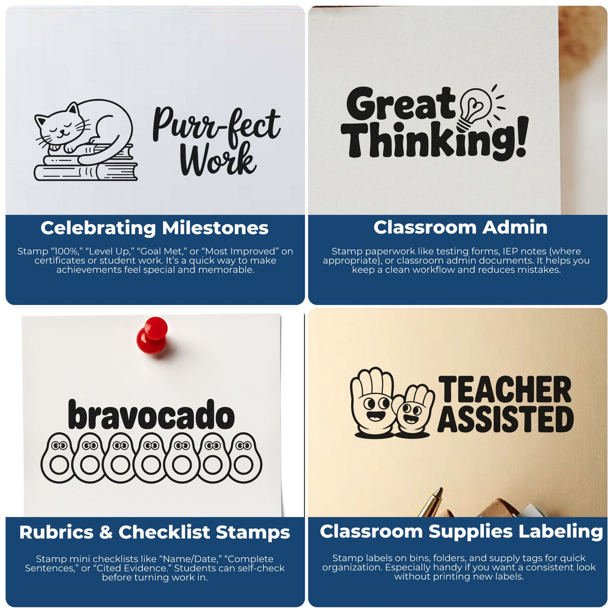 Classroom rubber stamp examples for teachers, including milestone, admin, checklist, and supply labeling designs.
