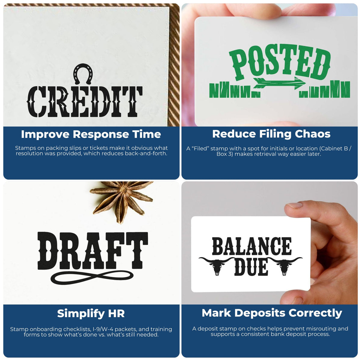 Custom rubber stamps for business workflows, including credit, posted, draft, and balance due stamps for office, HR, and accounting tasks