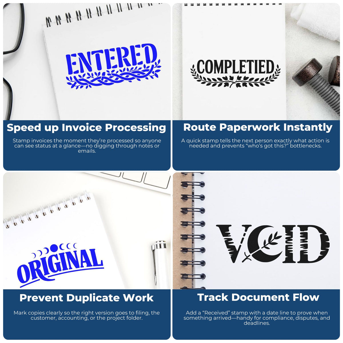Rubber office stamps for document control, marking invoices Entered, Completed, Original, and Void to streamline paperwork.