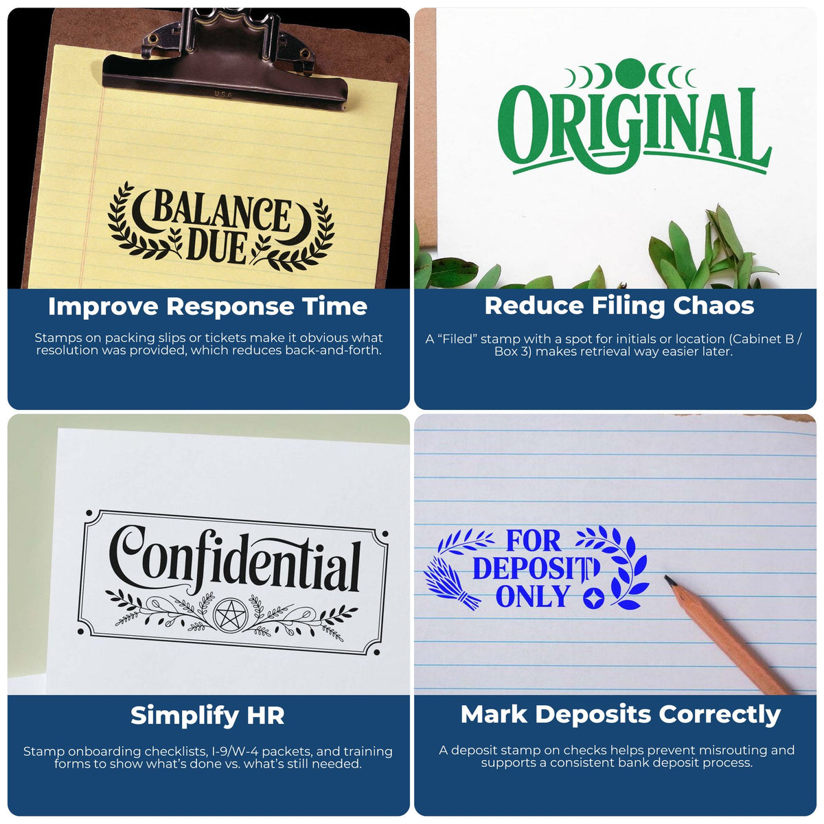 Custom rubber stamp examples for balance due, original, confidential, and for deposit only office document organization.