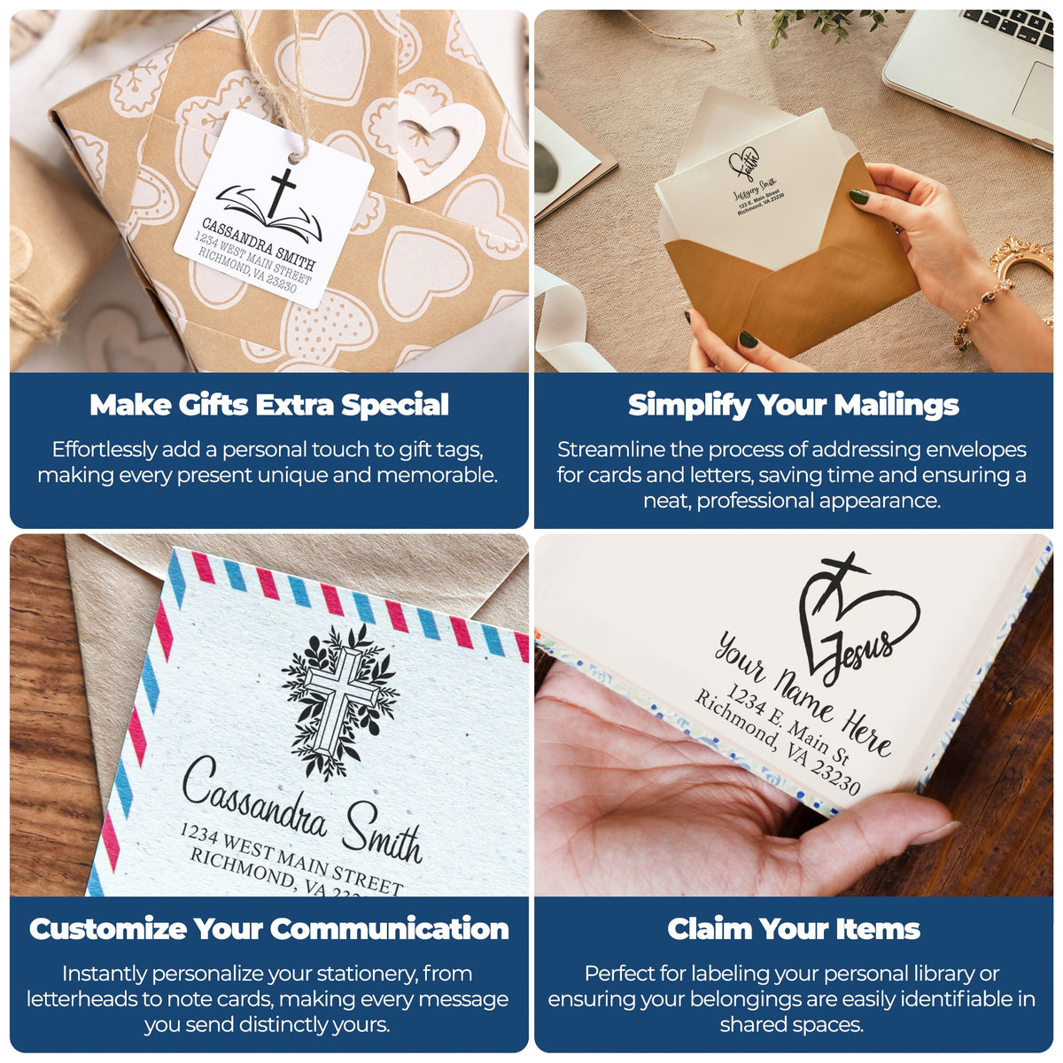 Collage of custom rubber stamps for gift tags, return address envelopes, stationery and labels, adding a personal touch.