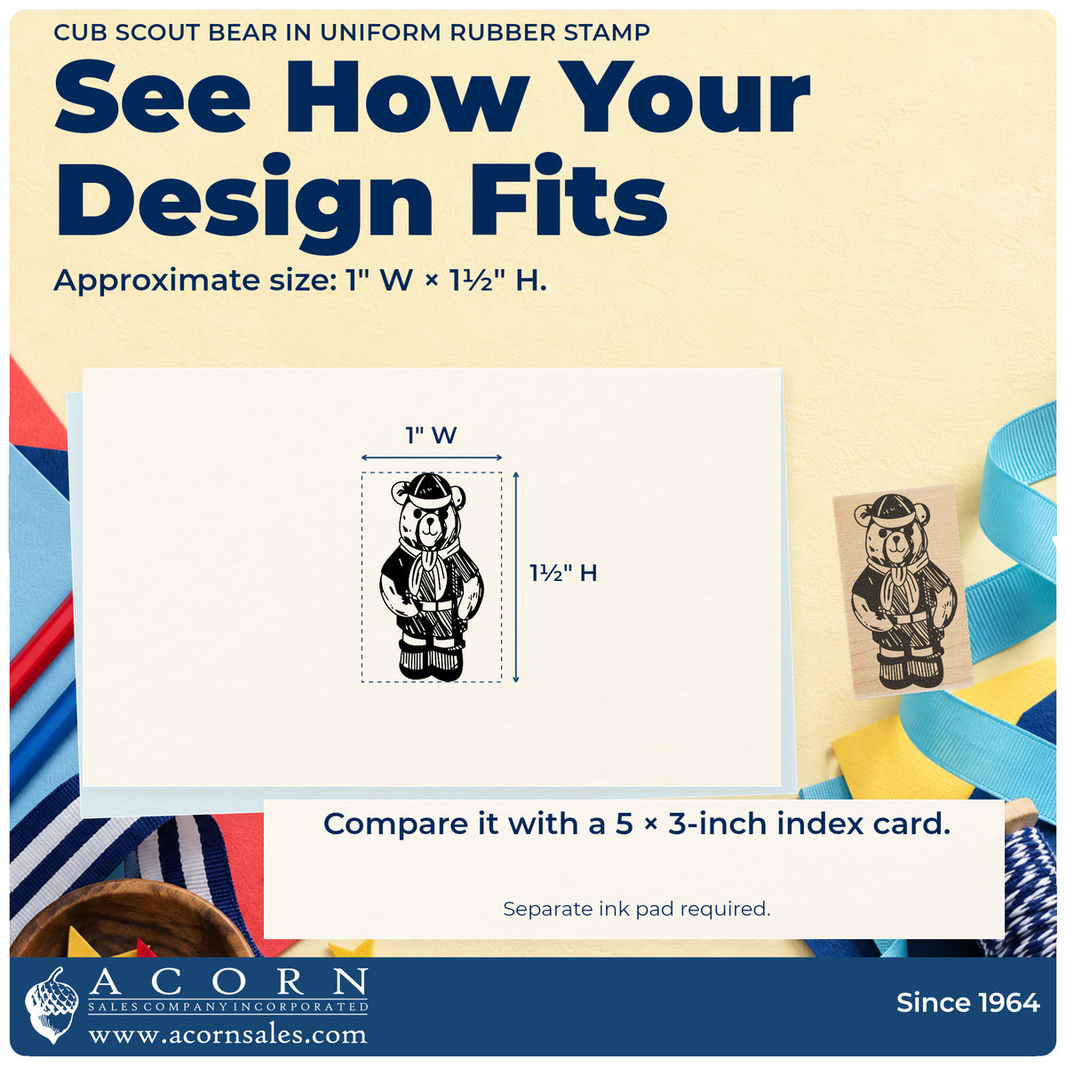 Cub Scout Bear in Uniform Rubber Stamp impression-size guide showing the design on a paper reference with dimension labels.