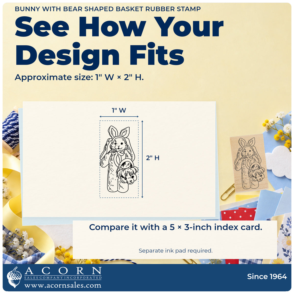 Bunny with Bear Shaped Basket Rubber Stamp impression-size guide showing the design on a paper reference with dimension labels.