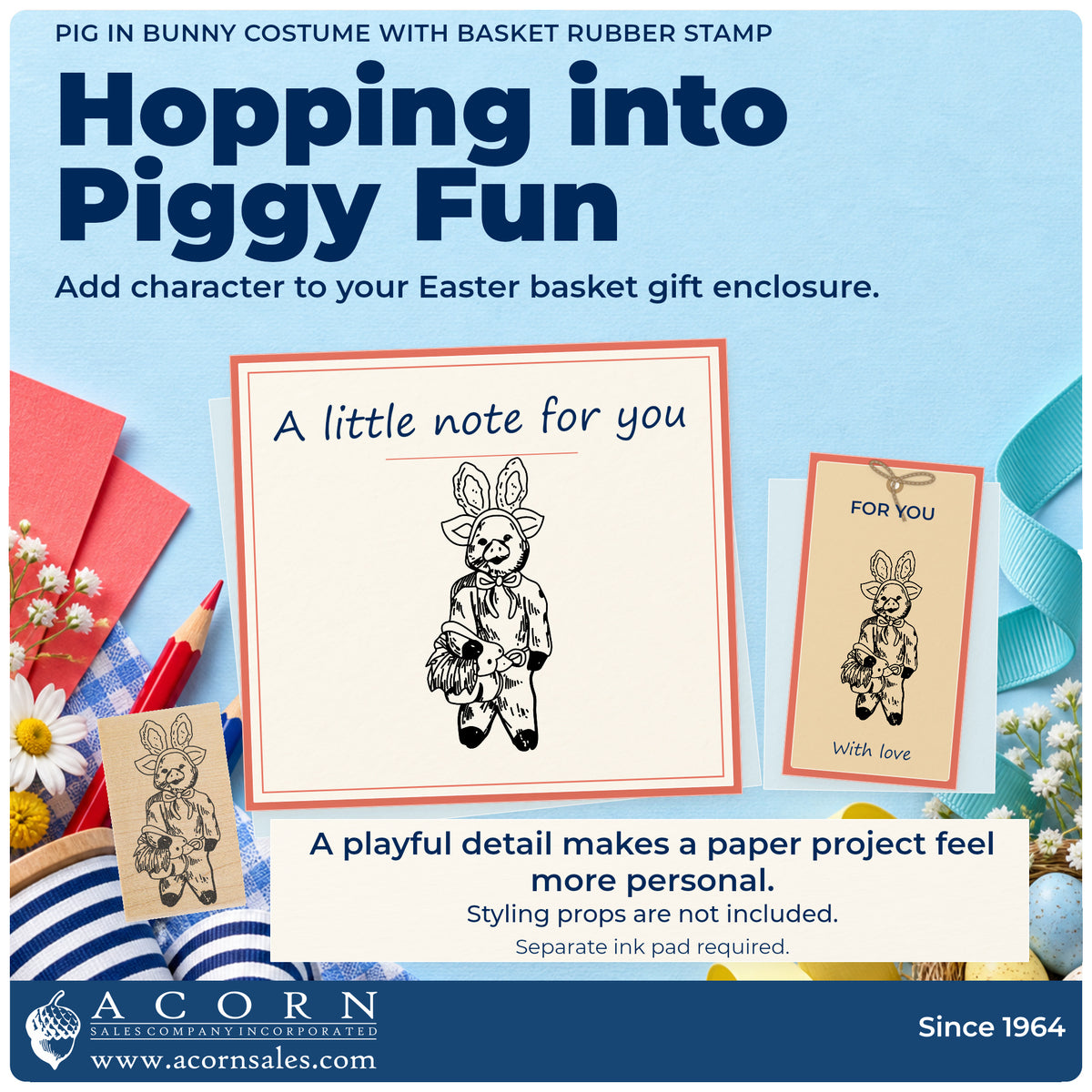 Pig in Bunny Costume with Basket Rubber Stamp project inspiration: Easter basket gift enclosure.