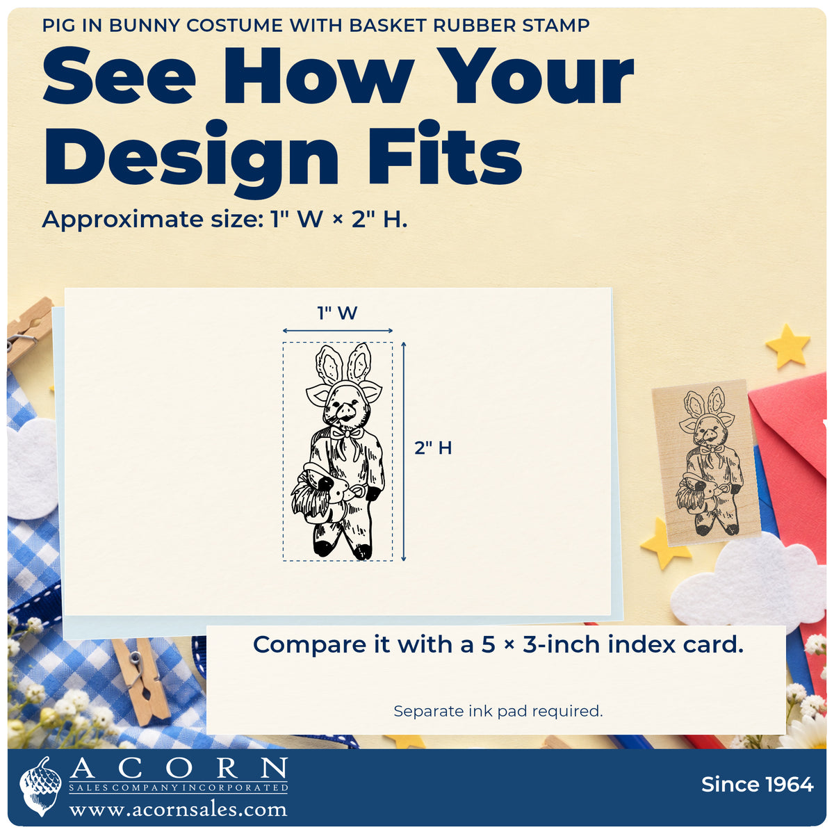 Pig in Bunny Costume with Basket Rubber Stamp impression-size guide showing the design on a paper reference with dimension labels.