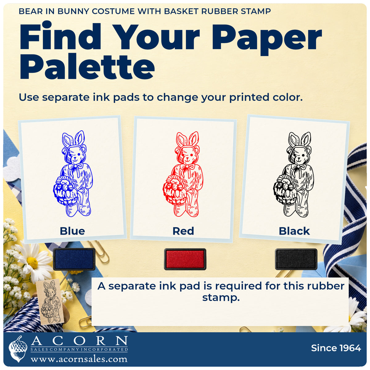 Bear in Bunny Costume with Basket Rubber Stamp ink-color infographic comparing three single-color impressions and a separate ink pad.