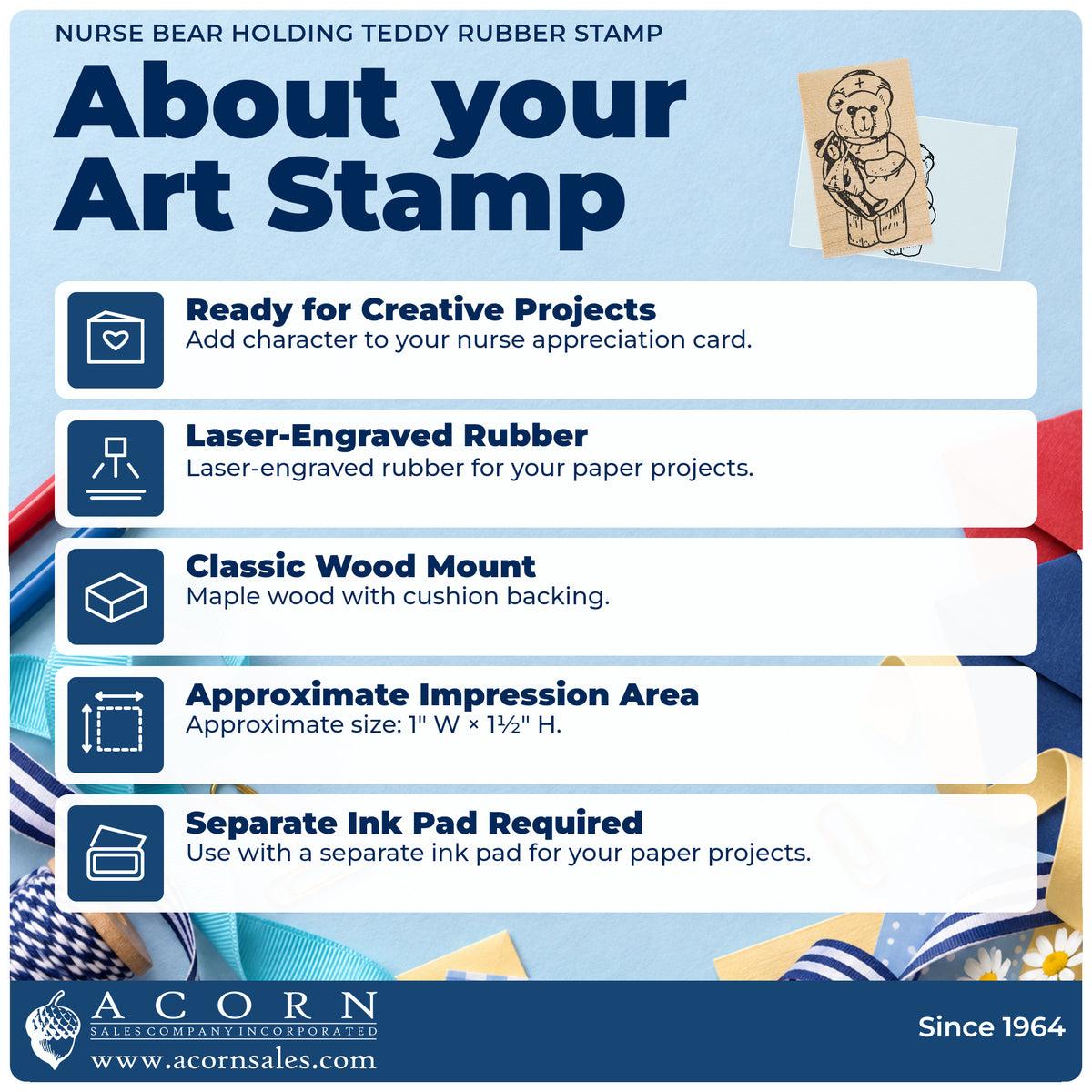 Nurse Bear Holding Teddy Rubber Stamp feature guide covering the wood mount, rubber construction, approximate size and separate ink pad.