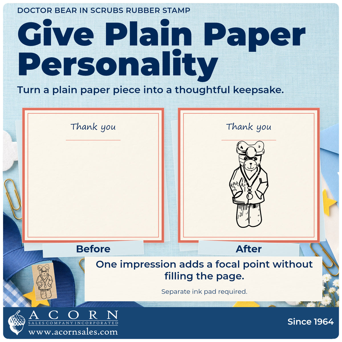 Doctor Bear in Scrubs Rubber Stamp before-and-after infographic comparing plain paper with the stamped project.