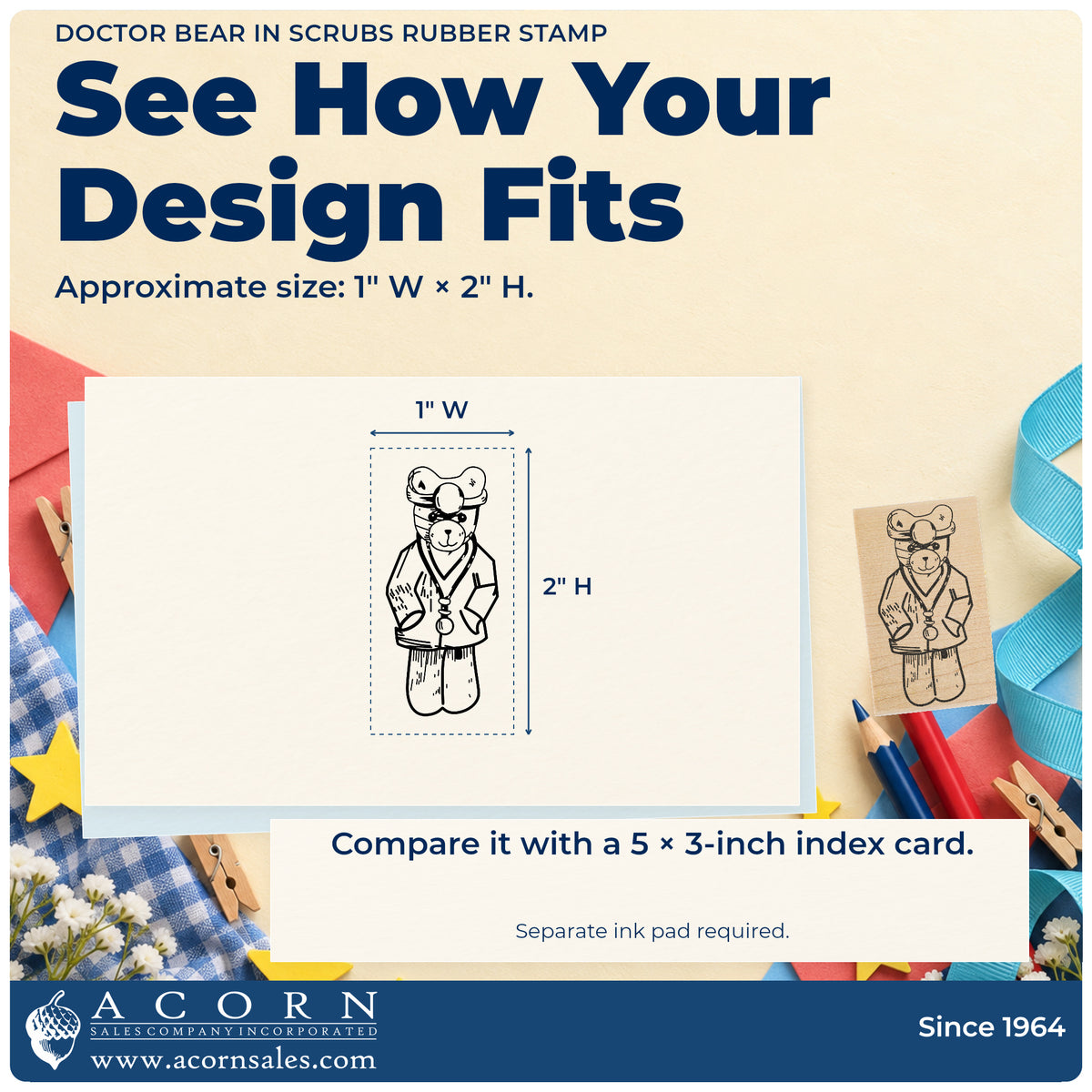 Doctor Bear in Scrubs Rubber Stamp impression-size guide showing the design on a paper reference with dimension labels.