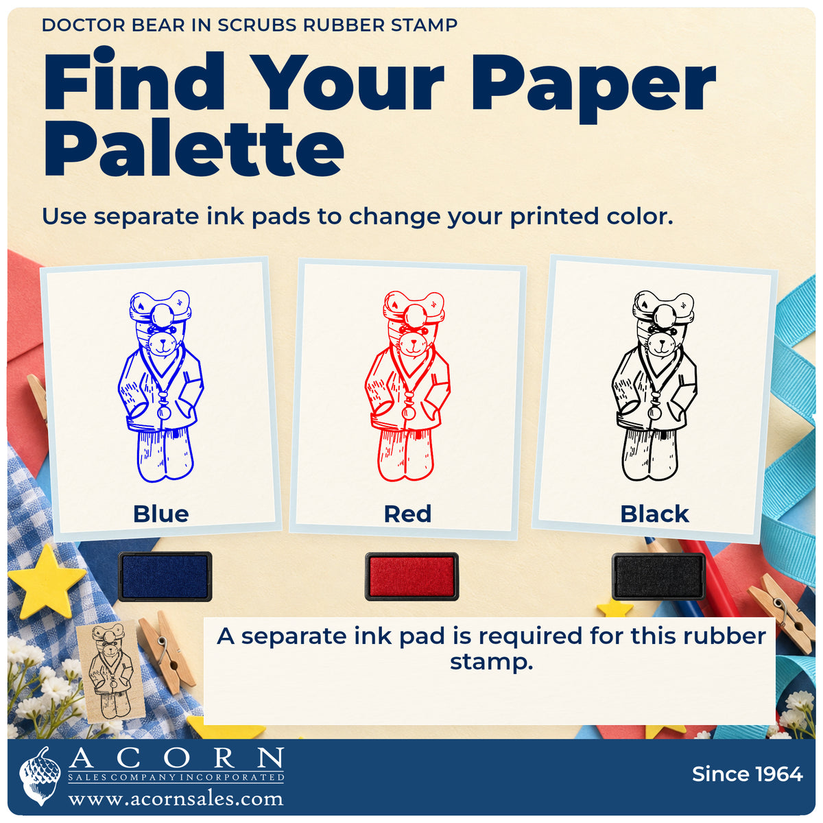 Doctor Bear in Scrubs Rubber Stamp ink-color infographic comparing three single-color impressions and a separate ink pad.