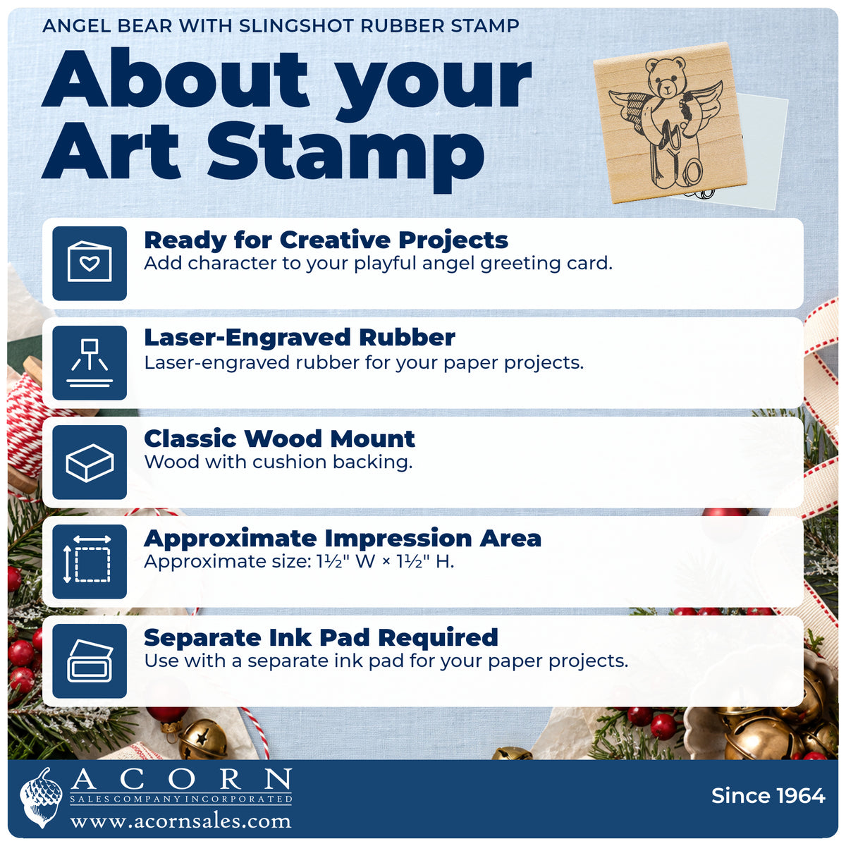 Angel Bear with Slingshot Rubber Stamp feature guide covering the wood mount, rubber construction, approximate size and separate ink pad.