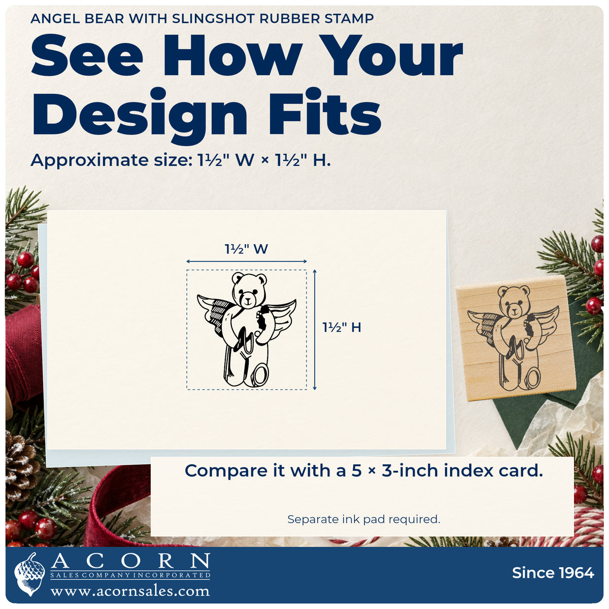 Angel Bear with Slingshot Rubber Stamp impression-size guide showing the design on a paper reference with dimension labels.