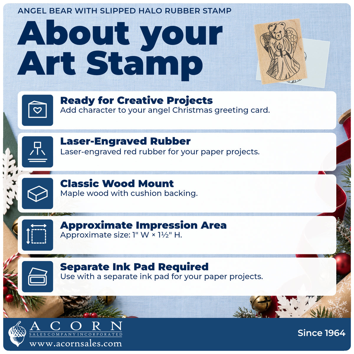 Angel Bear with Slipped Halo Rubber Stamp feature guide covering the wood mount, rubber construction, approximate size and separate ink pad.