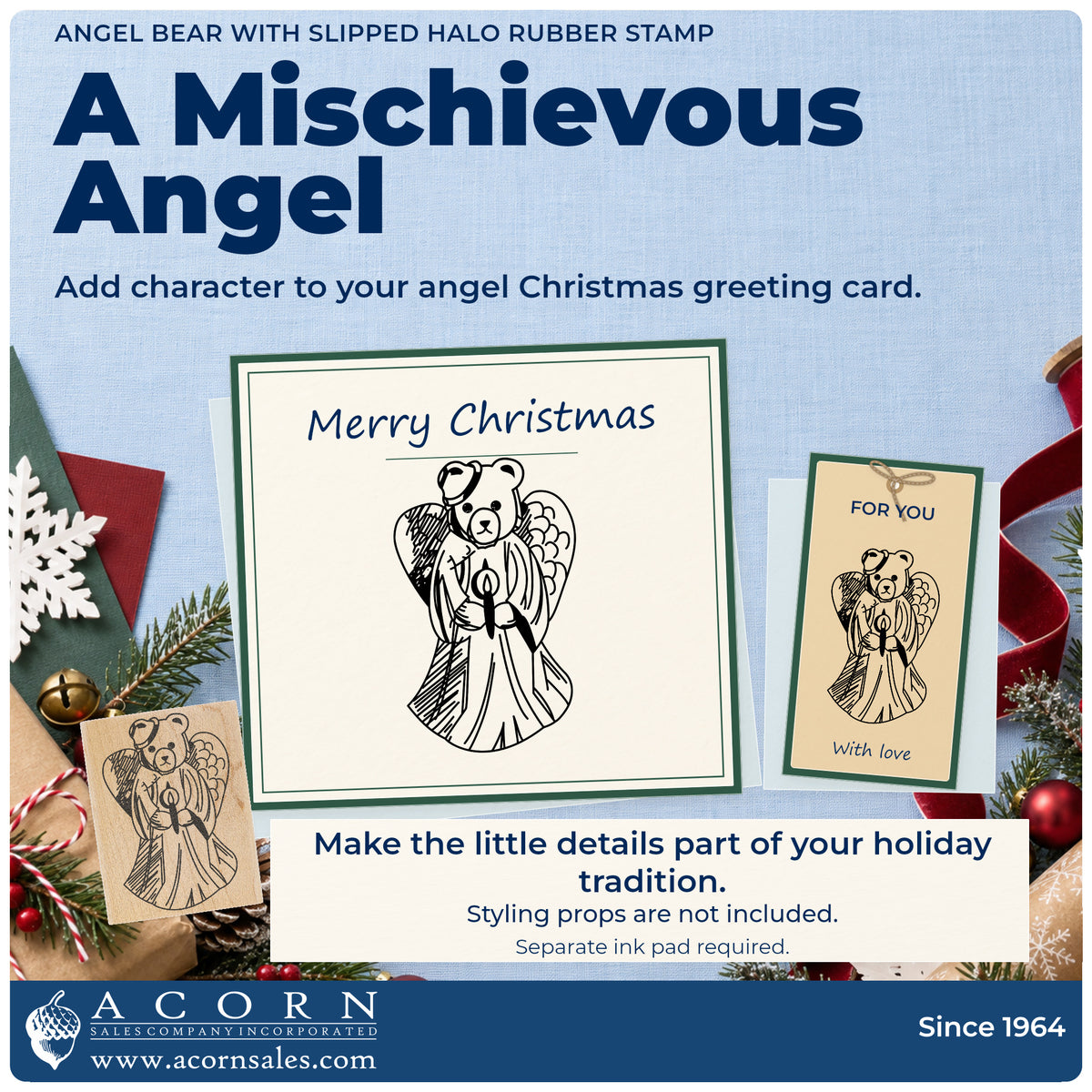Angel Bear with Slipped Halo Rubber Stamp project inspiration: angel Christmas greeting card.