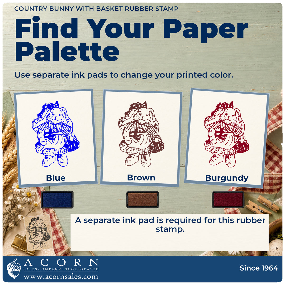 Country Bunny with Basket Rubber Stamp ink-color infographic comparing three single-color impressions and a separate ink pad.