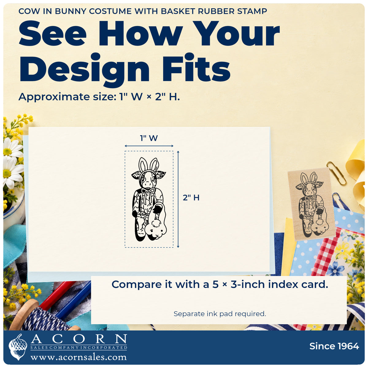 Cow in Bunny Costume with Basket Rubber Stamp impression-size guide showing the design on a paper reference with dimension labels.