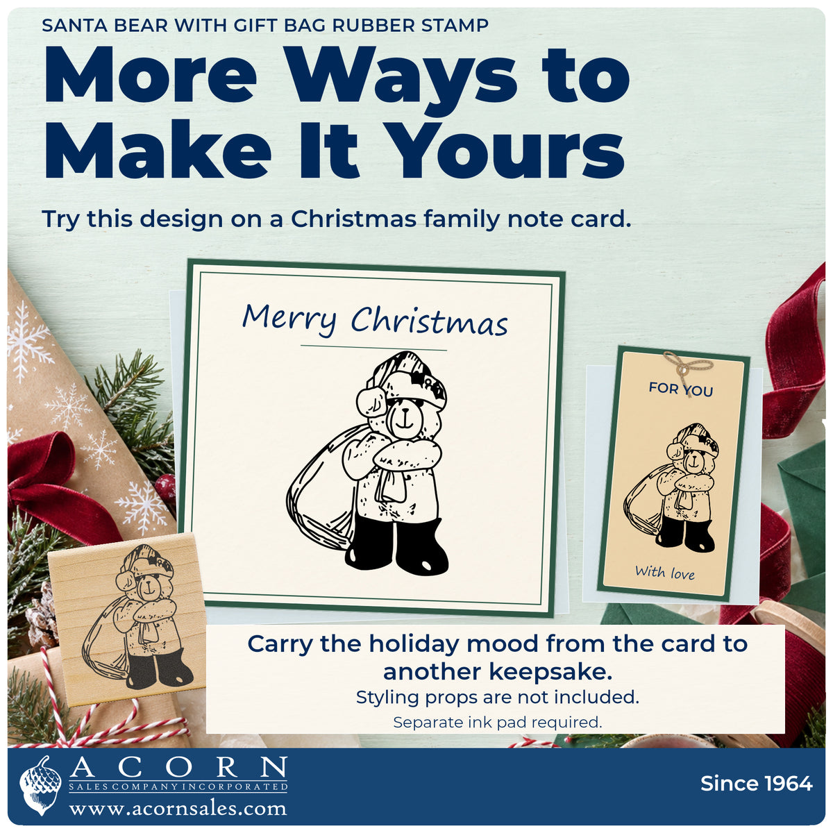 Santa Bear with Gift Bag Rubber Stamp project inspiration: Christmas family note card.