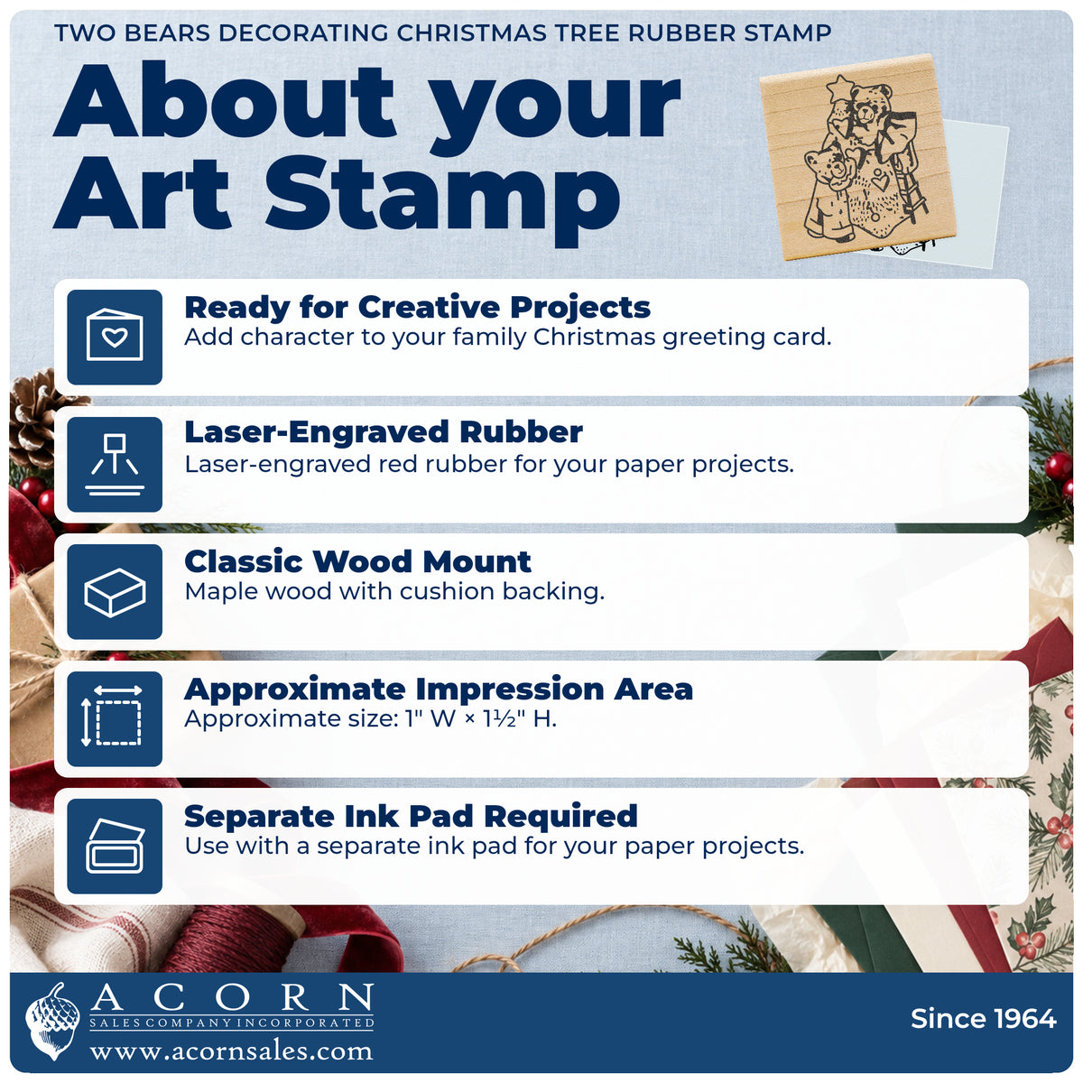Two Bears Decorating Christmas Tree Rubber Stamp feature guide covering the wood mount, rubber construction, approximate size and separate ink pad.