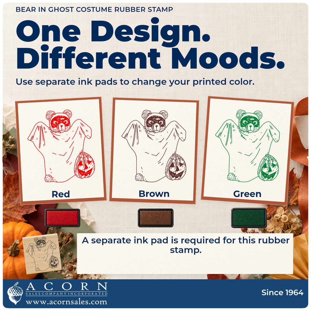 Bear in Ghost Costume Rubber Stamp ink-color infographic comparing three single-color impressions and a separate ink pad.