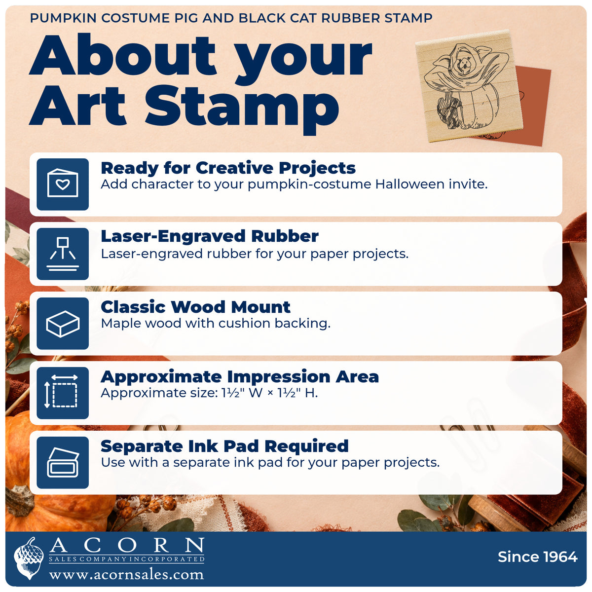 Pumpkin Costume Pig and Black Cat Rubber Stamp feature guide covering the wood mount, rubber construction, approximate size and separate ink pad.