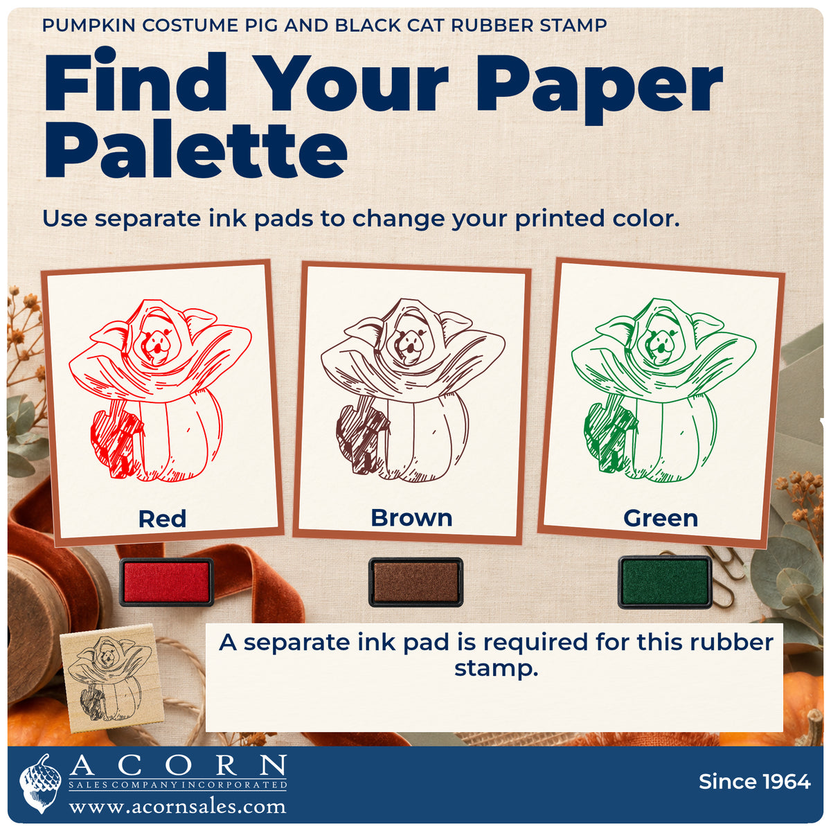 Pumpkin Costume Pig and Black Cat Rubber Stamp ink-color infographic comparing three single-color impressions and a separate ink pad.