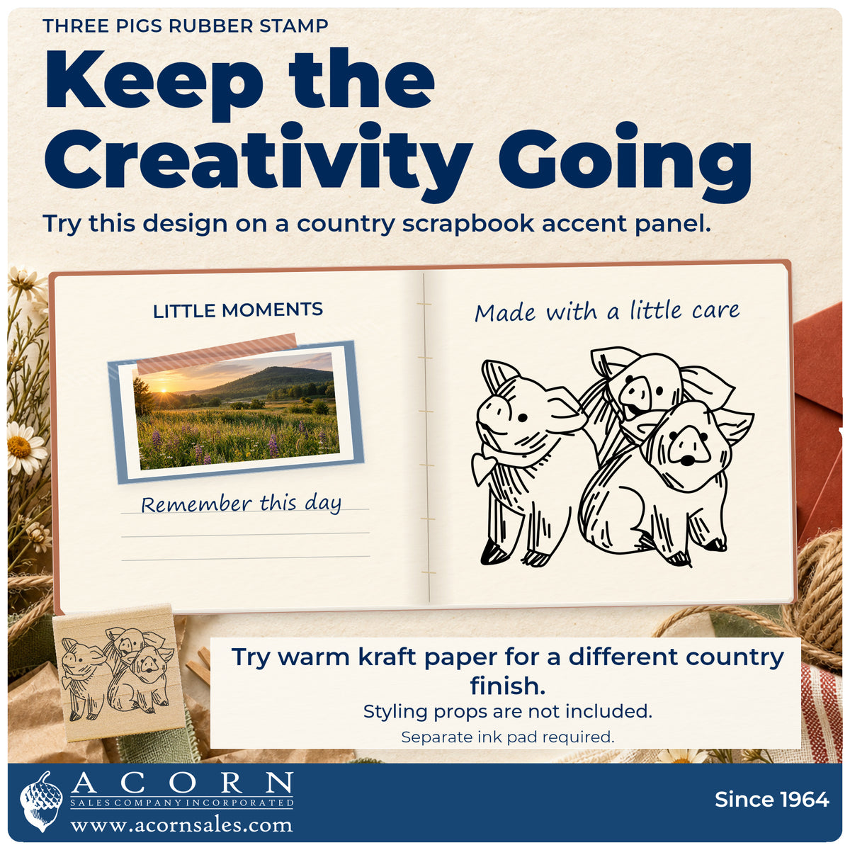 Three Pigs Rubber Stamp project inspiration: country scrapbook accent panel.