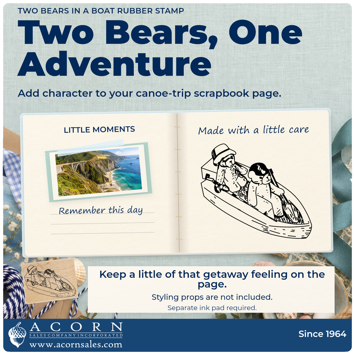 Two Bears in a Boat Rubber Stamp project inspiration: canoe trip scrapbook page.