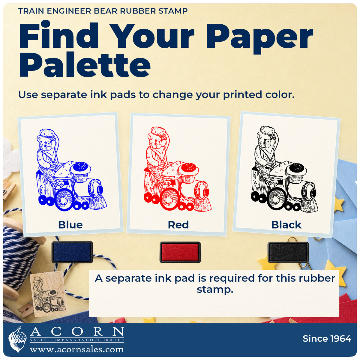 Train Engineer Bear Rubber Stamp ink-color infographic comparing three single-color impressions and a separate ink pad.
