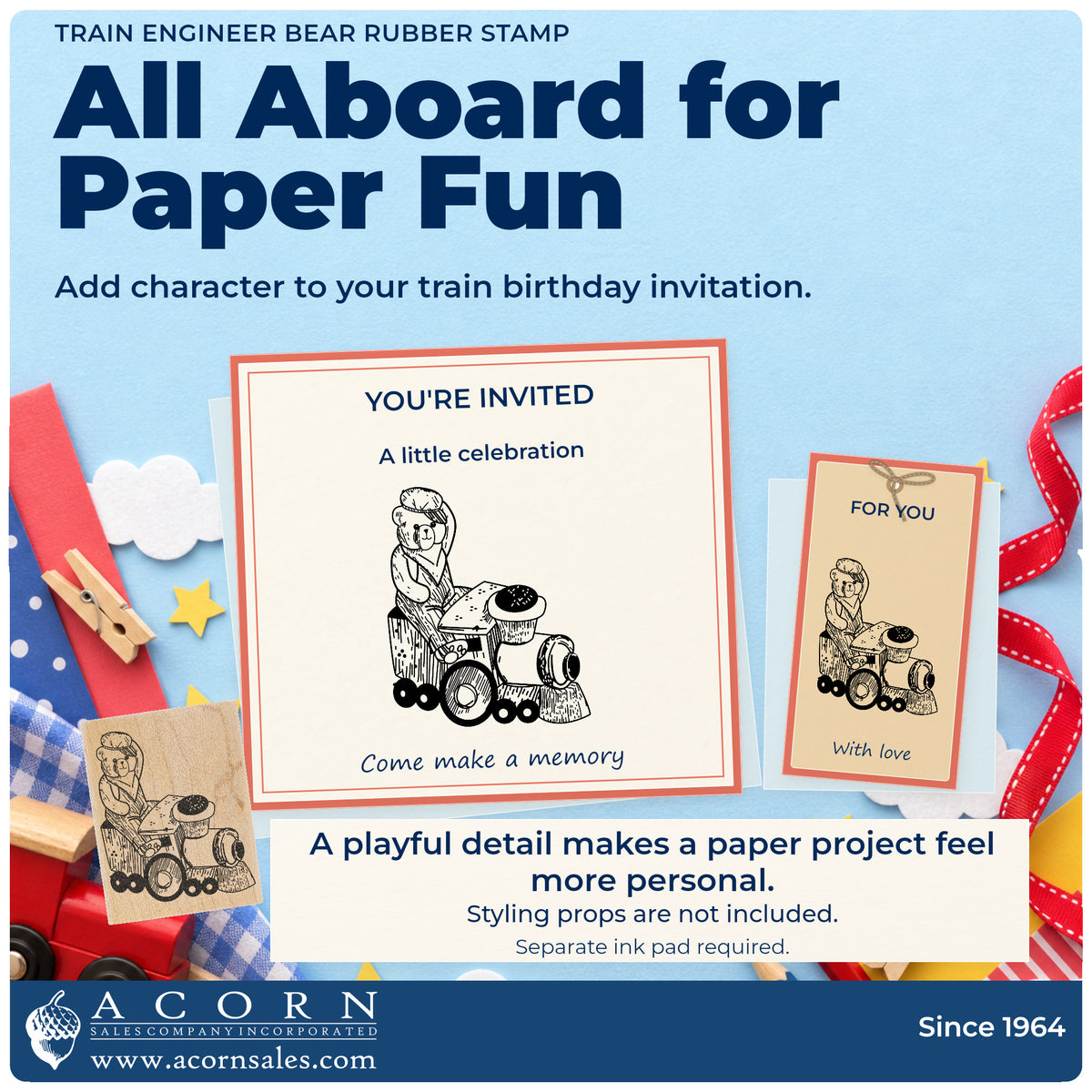Train Engineer Bear Rubber Stamp project inspiration: train birthday invitation.