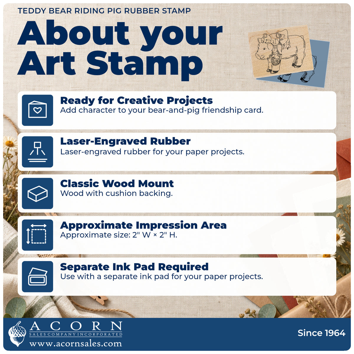 Teddy Bear Riding Pig Rubber Stamp feature guide covering the wood mount, rubber construction, approximate size and separate ink pad.