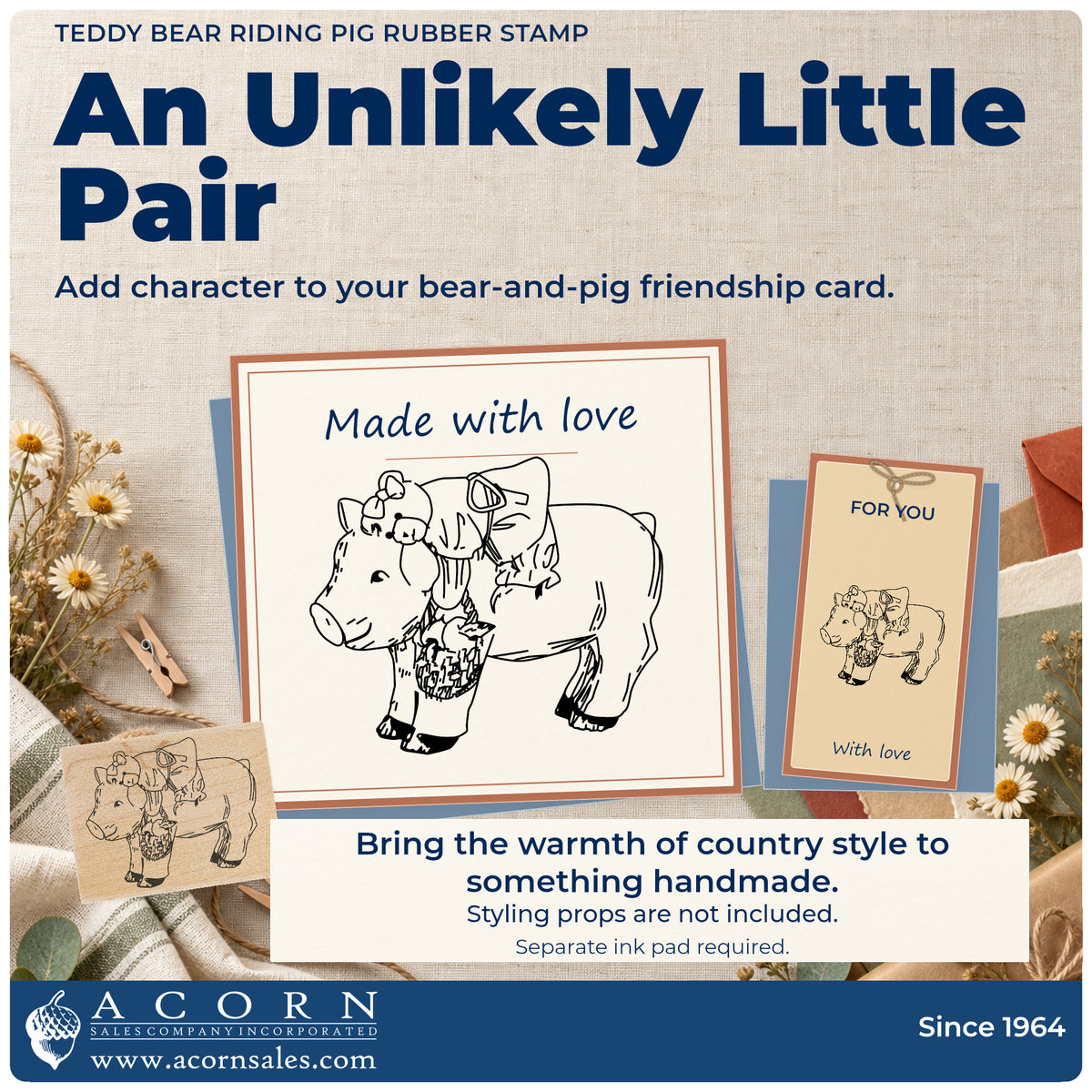 Teddy Bear Riding Pig Rubber Stamp project inspiration: bear and pig friendship card.