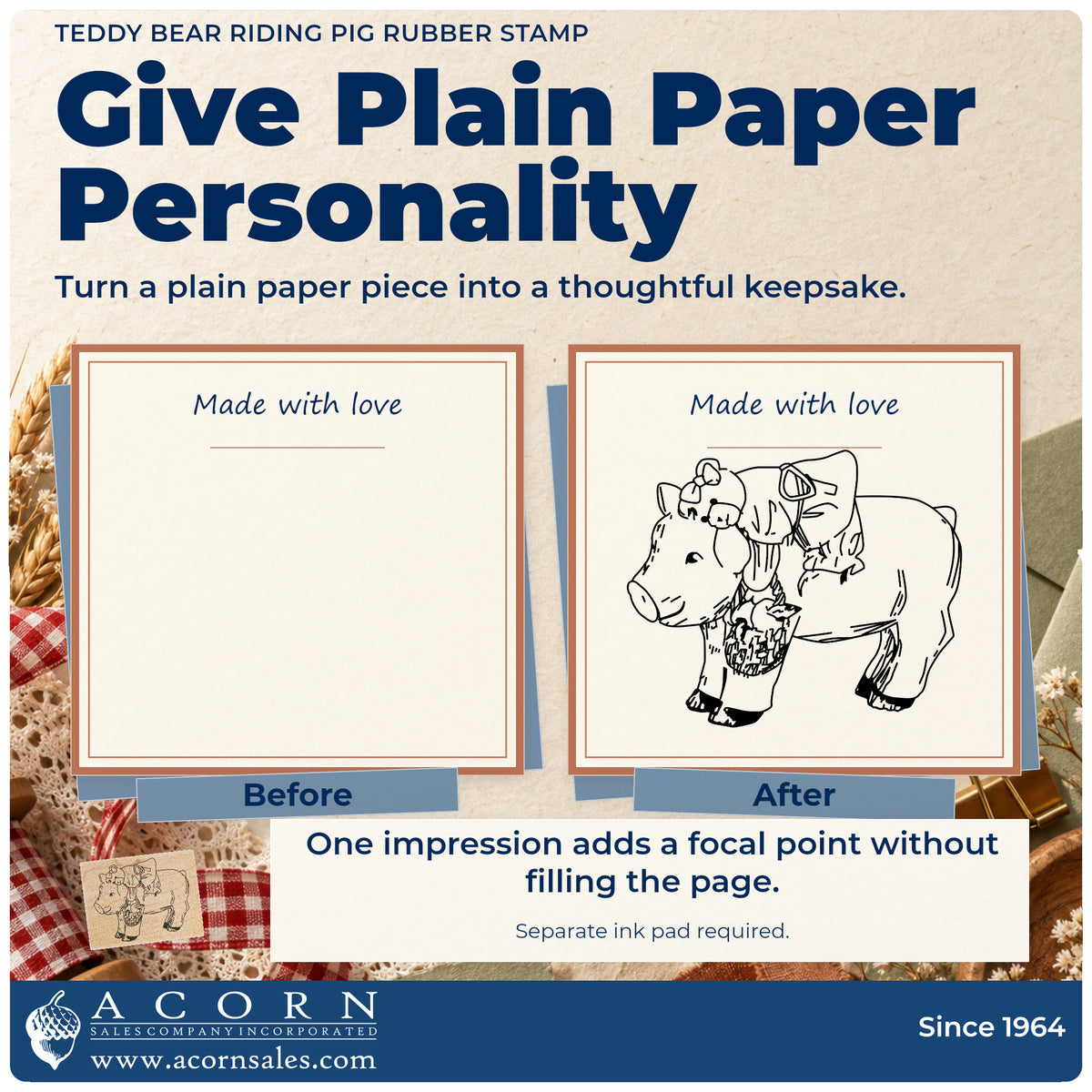 Teddy Bear Riding Pig Rubber Stamp before-and-after infographic comparing plain paper with the stamped project.