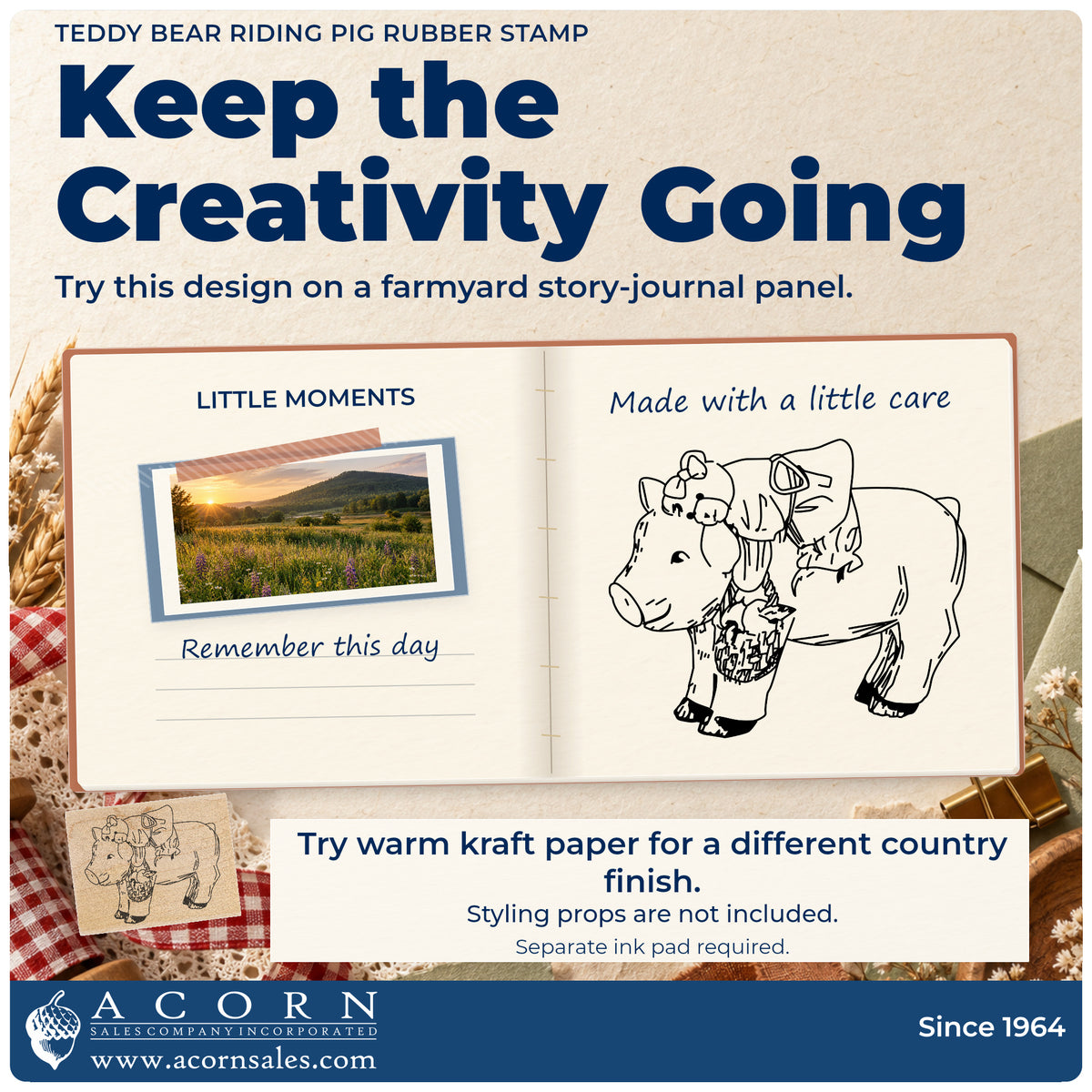 Teddy Bear Riding Pig Rubber Stamp project inspiration: farmyard story journal panel.